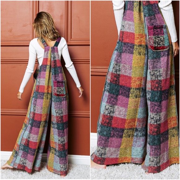 Bibi Multicolor Brushed Fabric Checkered Plaid Wide leg Jumpsuit - Picture 4 of 5